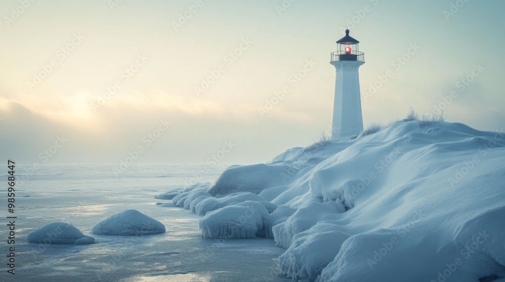 Solitary Lighthouse on a Snowy Shoreline at Dawn Solitary Lighthouse on a Snowy Shoreline at Dawn