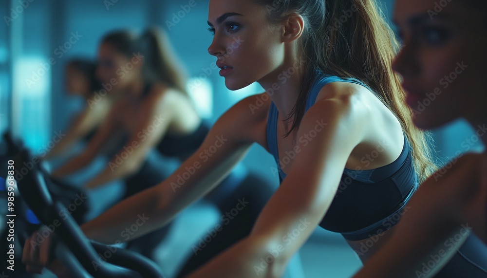 Women engaged in an intense cycling session on stationary bikes in a gym, showcasing determination and strength during their workout. Women engaged in an intense cycling session on stationary bikes in a gym, showcasing determination and strength during their workout.