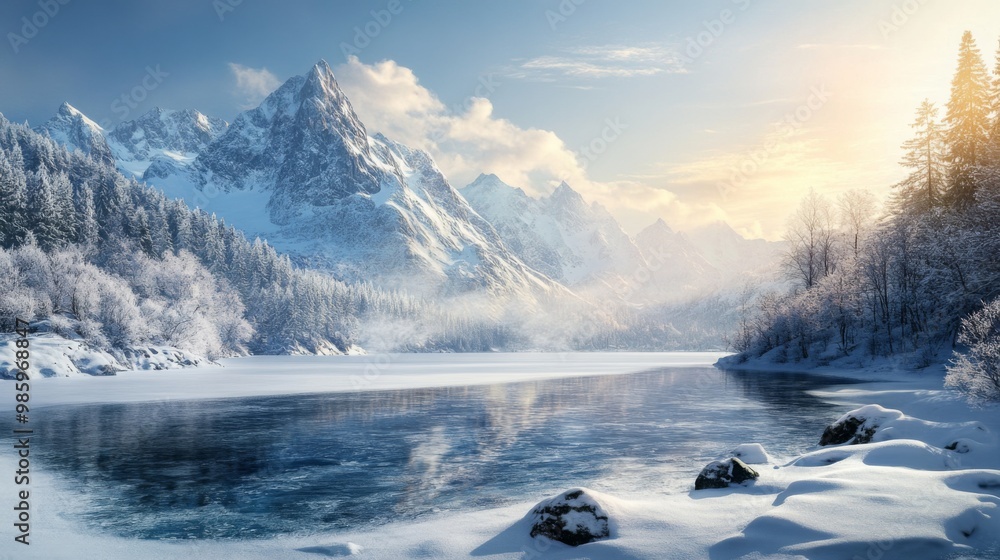 Snow-Covered Mountains Reflecting in a Frozen Lake at Sunset Snow-Covered Mountains Reflecting in a Frozen Lake at Sunset