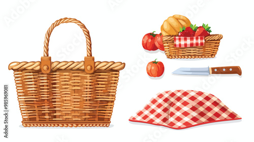 Flat Illustration of Wicker Picnic Basket Icon Elements