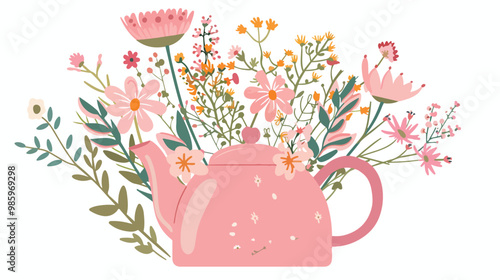 Wild Flowers in Pink Teapot - Charming Teapot with Bouquet