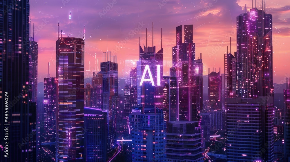 Obraz premium As the sun sets, a mesmerizing city skyline comes alive with vibrant lights, highlighting the phrase AI which symbolizes technological advancement and innovation in a futuristic landscape