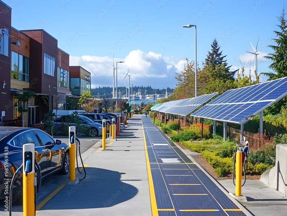 Bustling streets lined with electric vehicle charging stations community owned solar arrays atop schools and public buildings wind turbines dotting the skyline Bustling streets lined with electric vehicle charging stations community owned solar arrays atop schools and public buildings wind turbines dotting the skyline