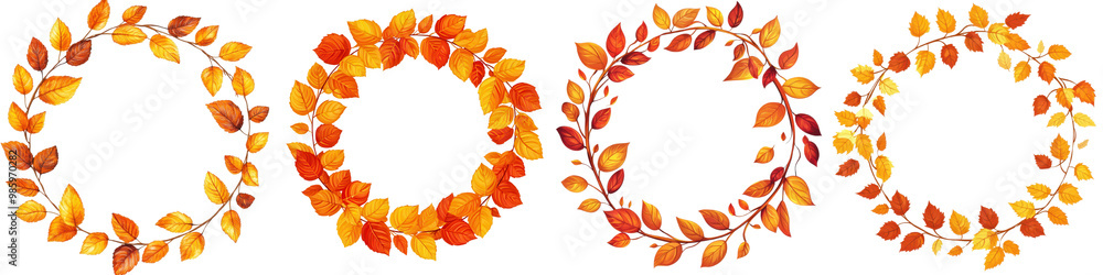 Fototapeta premium Autumn leaves in vibrant orange red and yellow colors forming decorative wreaths circles and frames on a white background Seasonal nature concept with beautiful fall foliage elements