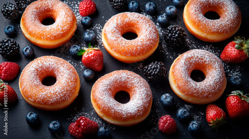 A close-up shot of a variety of donuts on a cooling rack. The donuts are topped with colorful sprinkles