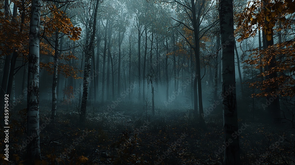 Mystical forest with fog-shrouded trees, nature of mystery background Mystical forest with fog-shrouded trees, nature of mystery background
