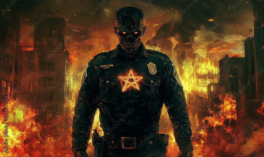 Zombie police officer stands in burning city. Zombie police officer stands in burning city.