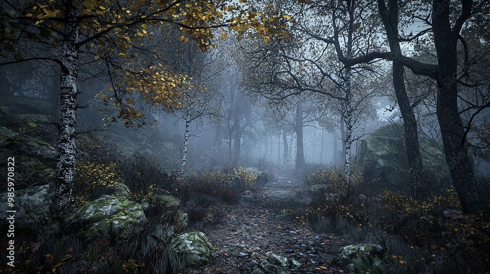 Obraz premium Mystical forest with fog-shrouded trees, nature of mystery background