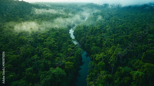 Lush Rainforest Canopy. Mist Cloud River Forest. Nature Background. Environment Aerial View.