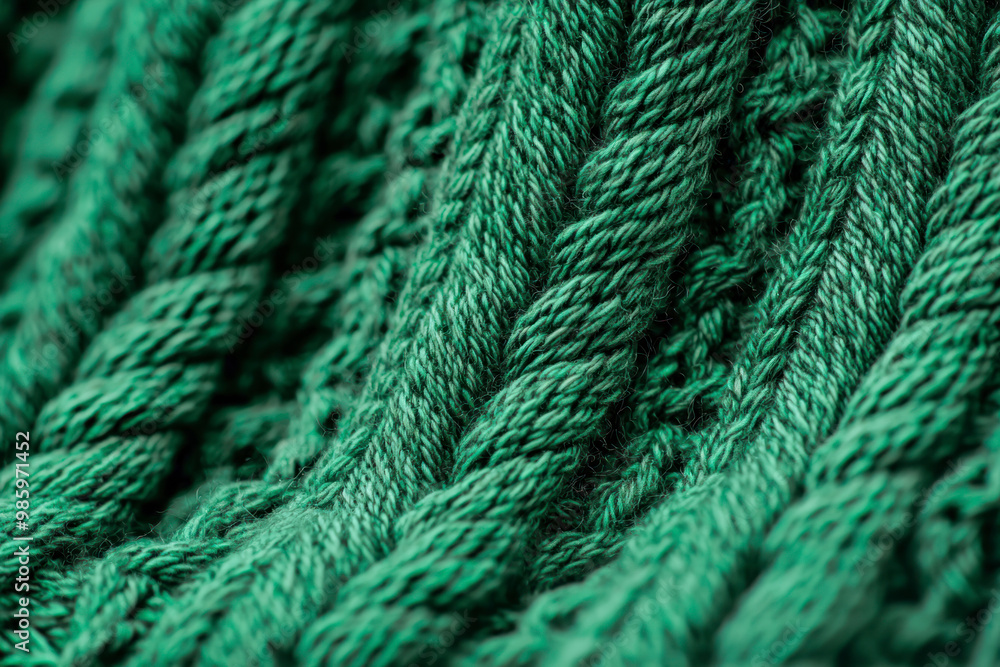 Texture of hand-knitted fabric made of green threads, cables knitting stitch pattern. Texture of hand-knitted fabric made of green threads, cables knitting stitch pattern.