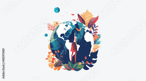 Woman exploring Earth planet in mixed media flat vector illustration