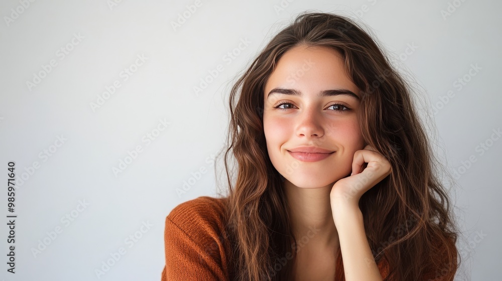 Woman smiles thoughtfully, white background. Woman smiles thoughtfully, white background.
