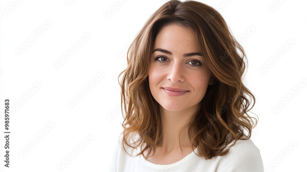 Woman smiles deep in thought, white background. Woman smiles deep in thought, white background.