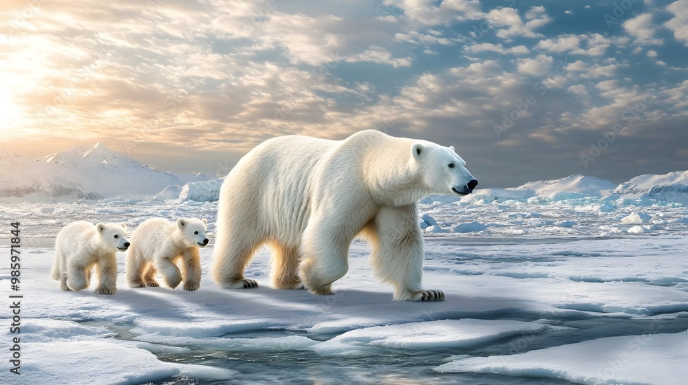 A mother polar bear and her two cubs gracefully roam the icy landscape under a bright sky, showcasing the beauty of Arctic wildlife. A mother polar bear and her two cubs gracefully roam the icy landscape under a bright sky, showcasing the beauty of Arctic wildlife.