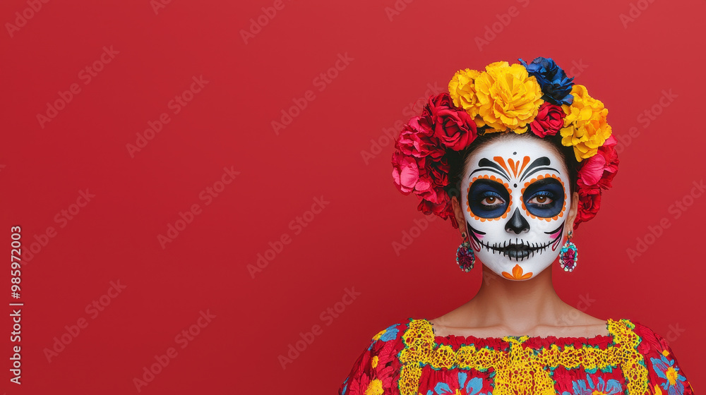 Catrina face with striking floral patterns and vibrant colors, celebrating cultural traditions. colorful flowers and intricate designs evoke sense of joy and festivity Catrina face with striking floral patterns and vibrant colors, celebrating cultural traditions. colorful flowers and intricate designs evoke sense of joy and festivity