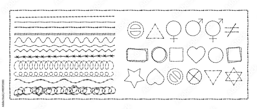 Obraz premium Barb wire shapes, border and pattern texture design vector graphic. Basic geometric shapes collection vector set. Brush and stroke vector design. 