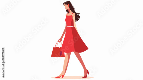 Stylish Woman in Red Dress with Bag in Hand Flat Vector Isolated Illustration