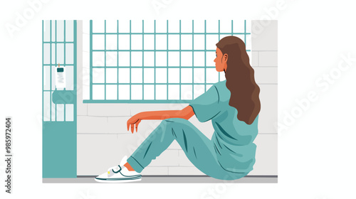 Woman Prisoned in Ward Flat Vector Isolated on White