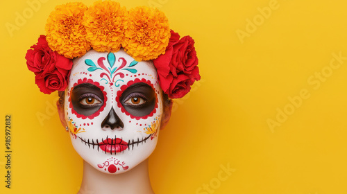 Colorful sugar skull face paint adorned with marigold and rose headpieces creates vibrant and festive look. This striking image captures essence of celebration and tradition