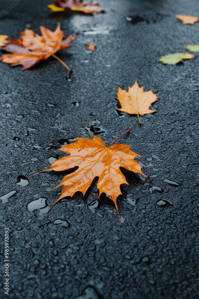 Bright Autumn Leaves on Wet Asphalt Background for Design, Wallpaper, and Creativity Bright Autumn Leaves on Wet Asphalt Background for Design, Wallpaper, and Creativity