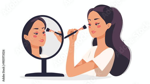 Elegant Woman Applying Powder Make-up with Mirror and Brush