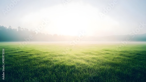 A serene landscape showcasing lush green grass under a soft morning light, creating a peaceful and tranquil atmosphere.