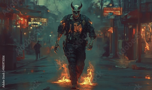 A skeletal figure walks on fire in a city.