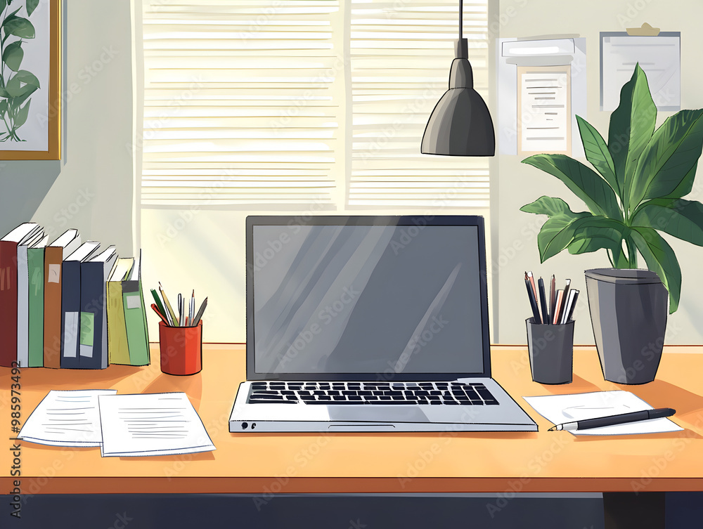 Fototapeta premium A simple office scene with a laptop and paperwork on the desk.