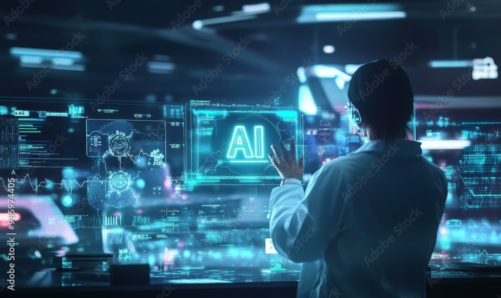 Person interacts with AI interface on monitor. Person interacts with AI interface on monitor.