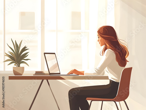 Businesswoman sitting at a minimalist desk with a laptop.