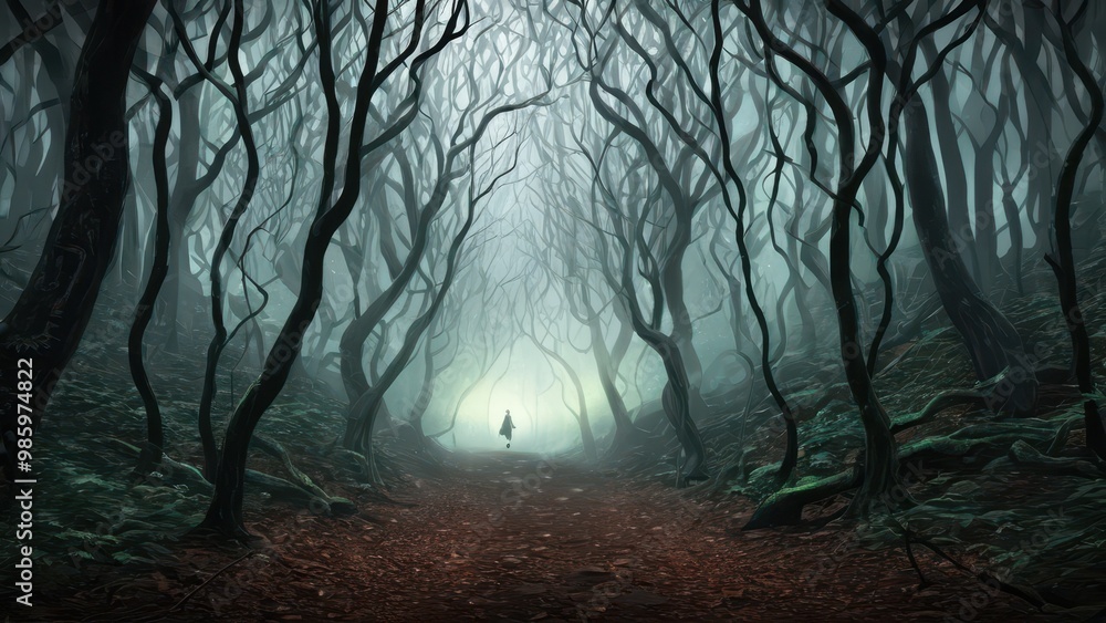 A misty forest with twisted, bare trees lining a fog-covered path leading to a glowing light, creating a mysterious and eerie atmosphere A misty forest with twisted, bare trees lining a fog-covered path leading to a glowing light, creating a mysterious and eerie atmosphere