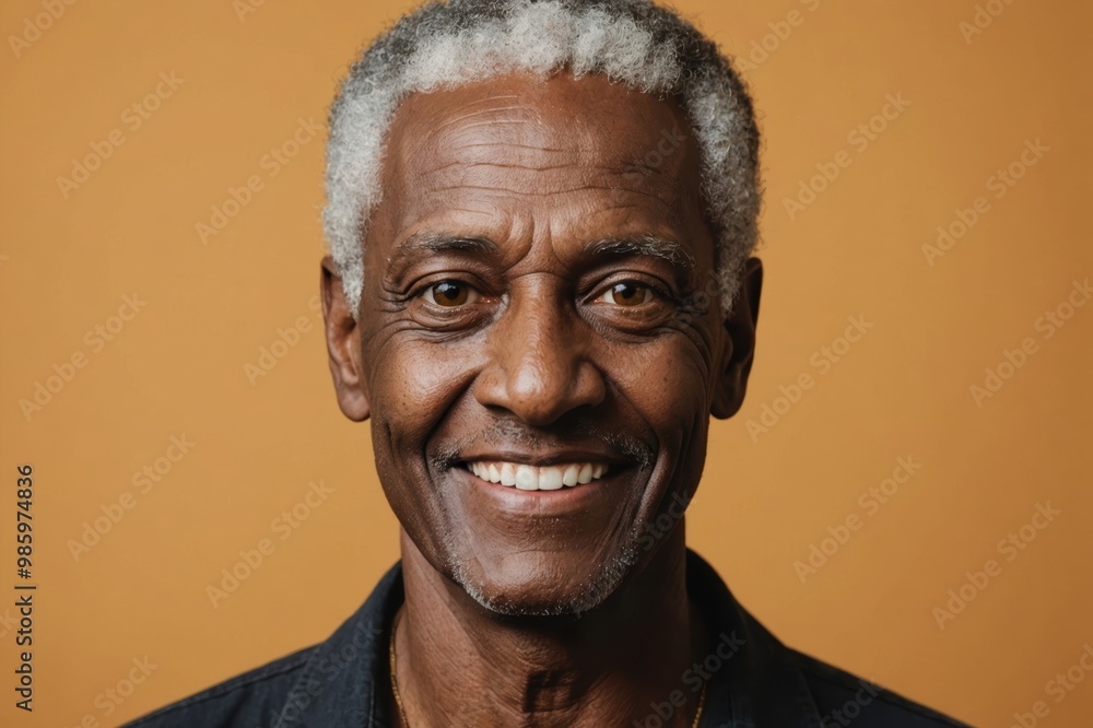Full framed very close face portrait of a smiling senior black non binary with amber eyes looking at the camera, studio shot,amber background. Full framed very close face portrait of a smiling senior black non binary with amber eyes looking at the camera, studio shot,amber background.