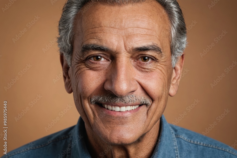 Full framed very close face portrait of a smiling senior latin man with hazel eyes looking at the camera, studio shot,hazel background. Full framed very close face portrait of a smiling senior latin man with hazel eyes looking at the camera, studio shot,hazel background.