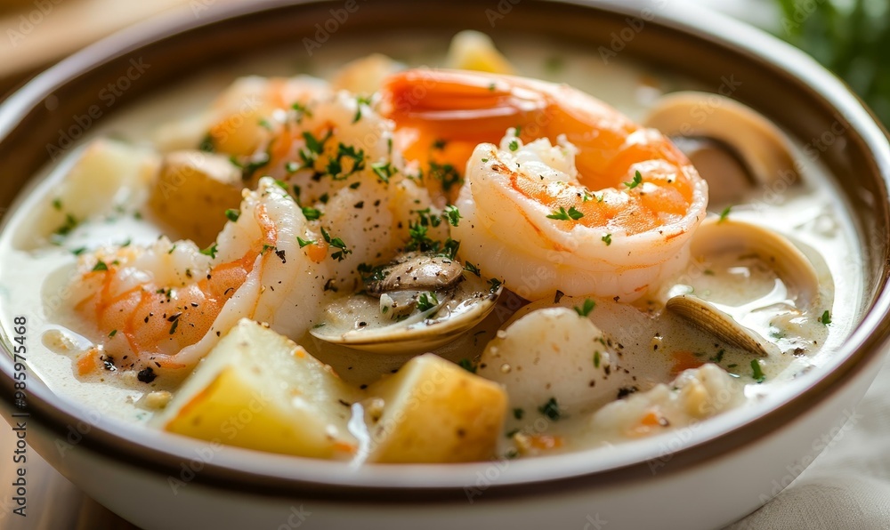 Creamy soup with shrimp, clams, and potatoes. Creamy soup with shrimp, clams, and potatoes.