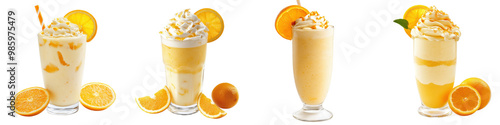 Refreshing and indulgent citrus milkshake or smoothie served in a tall glass with a generous topping of whipped cream and garnished with fresh orange slices