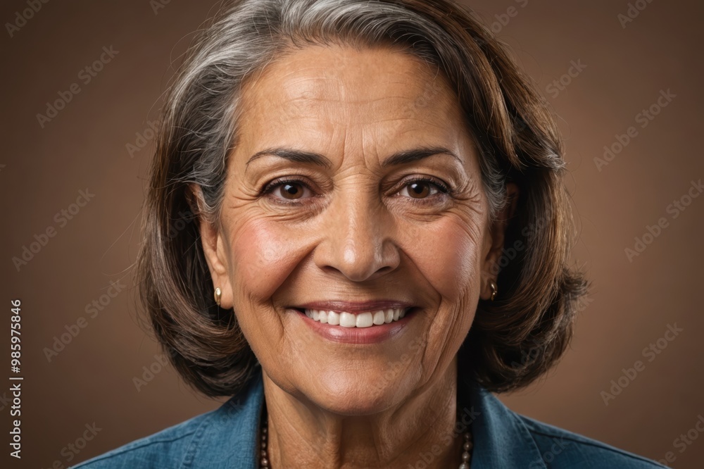 Full framed very close face portrait of a smiling senior latin woman with brown eyes looking at the camera, studio shot,brown background. Full framed very close face portrait of a smiling senior latin woman with brown eyes looking at the camera, studio shot,brown background.