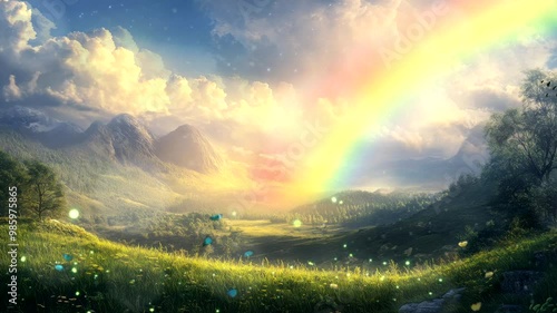 The rainbow phenomenon between mountains and hills looks beautiful and amazing