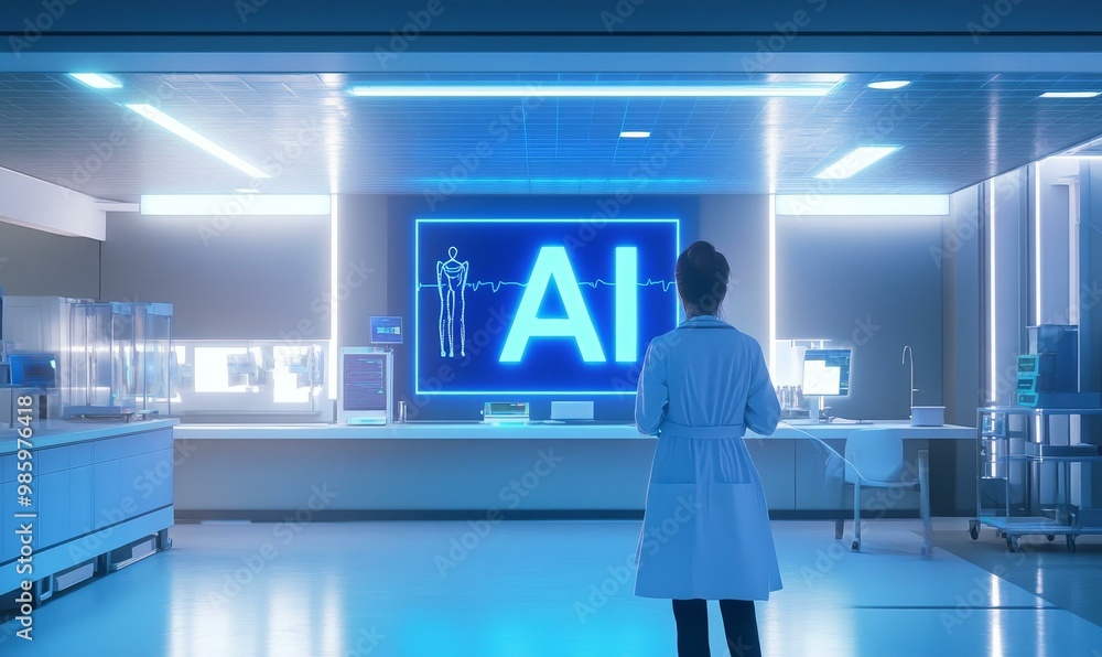 AI sign in a futuristic lab with a scientist. AI sign in a futuristic lab with a scientist.