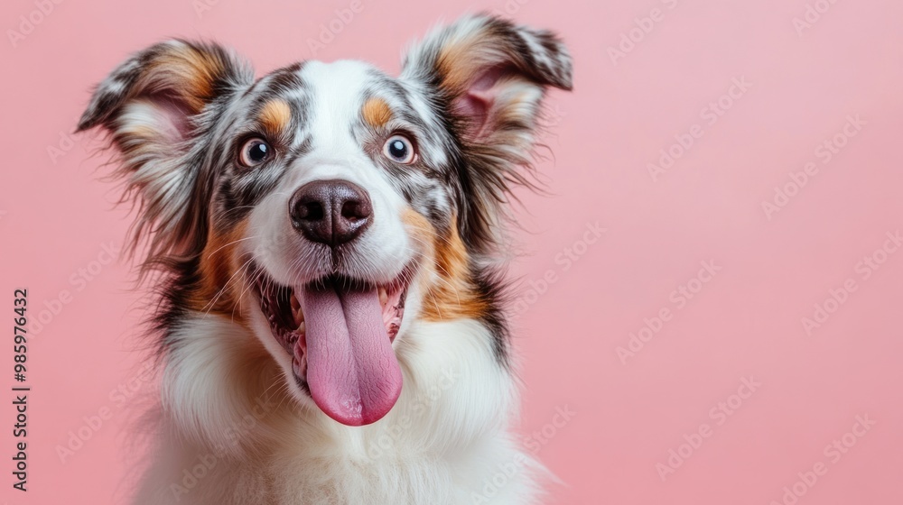 close up of a happy dog ​​with tricolor fur (black, white, and tan) on a pink background. .