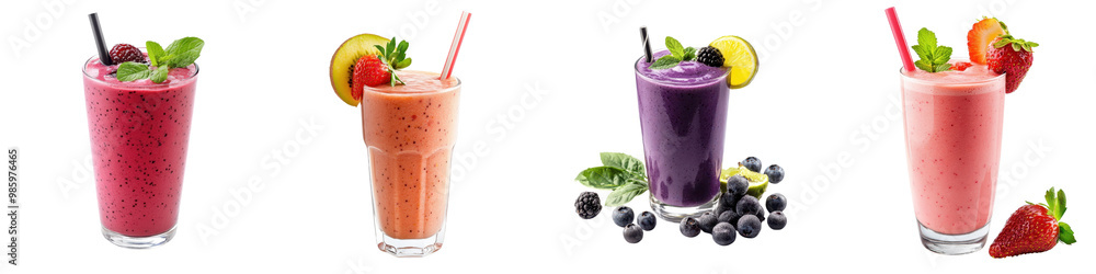 A collection of colorful and delicious fruit smoothies and milkshakes served in tall glasses with straws and fresh natural ingredients like berries tropical fruits and mint leaves A collection of colorful and delicious fruit smoothies and milkshakes served in tall glasses with straws and fresh natural ingredients like berries tropical fruits and mint leaves
