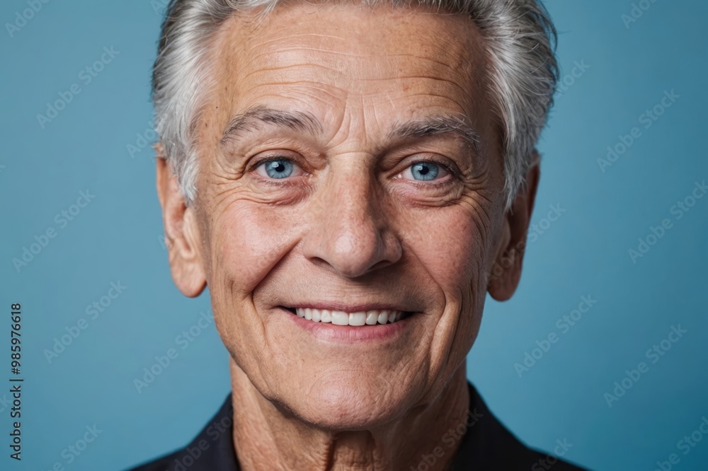 Full framed very close face portrait of a smiling senior latin non binary with blue eyes looking at the camera, studio shot,blue background. Full framed very close face portrait of a smiling senior latin non binary with blue eyes looking at the camera, studio shot,blue background.