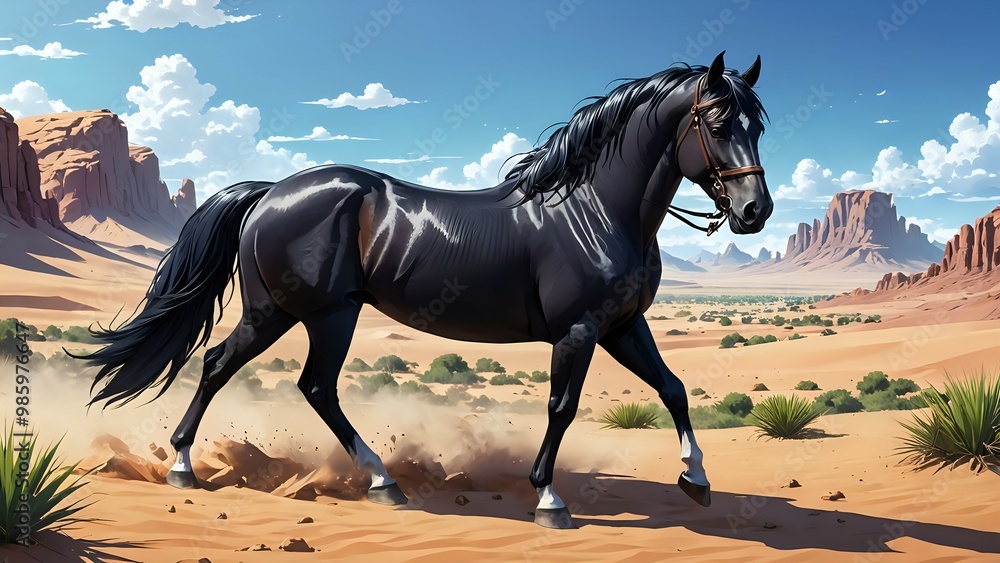 Black horse running through desert landscape. Black horse running through desert landscape.