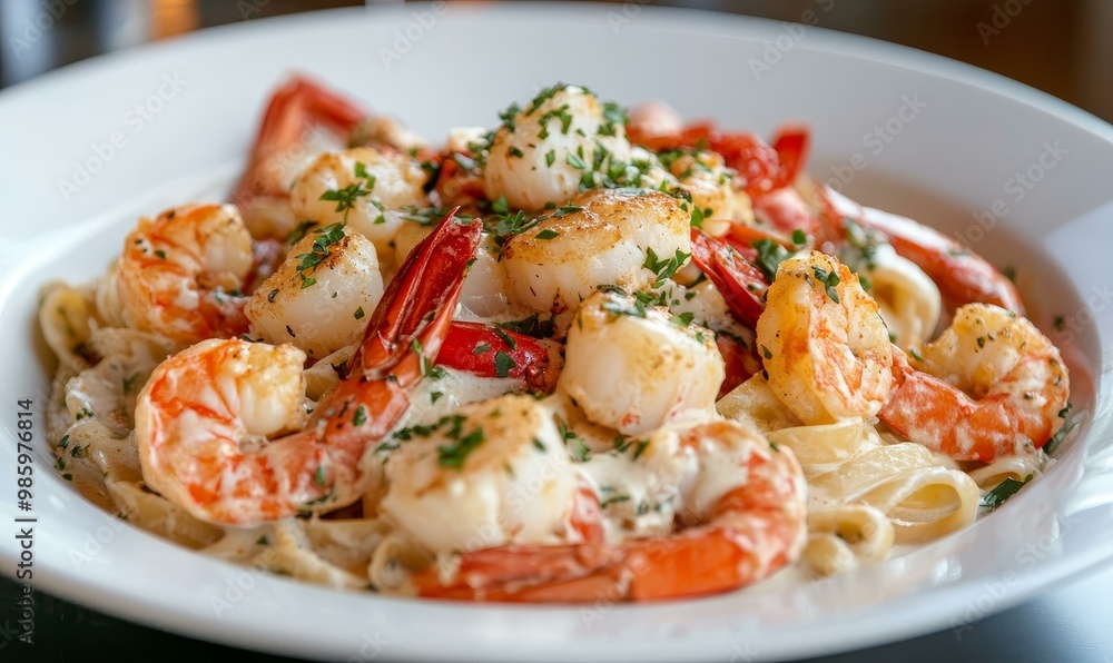 Seafood pasta with creamy sauce and herbs. Seafood pasta with creamy sauce and herbs.