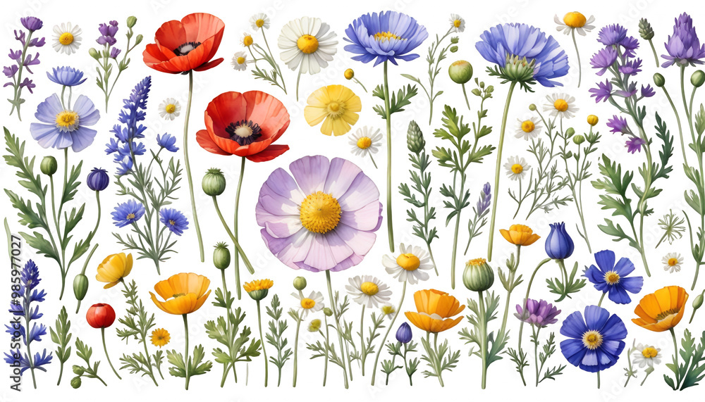 set flower floral dandelions illustration bluebell poppies n butterfly violet chamomile blossom summer cornflowers watercolor clover lavender wildflowers buttercup watercolor illustration wildflower