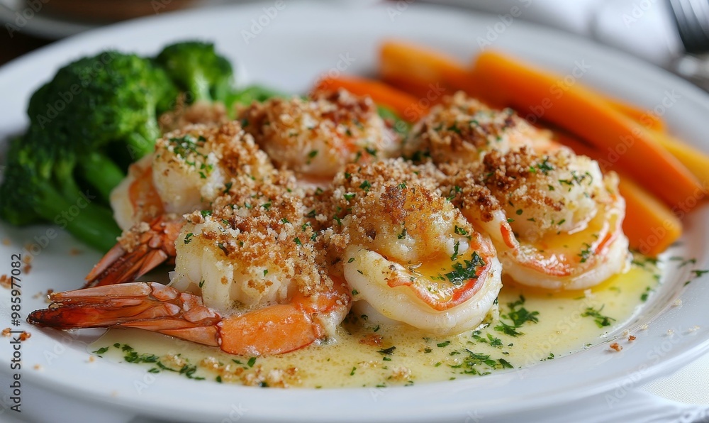 Broiled shrimp, bread crumbs, and carrots on a white plate. Broiled shrimp, bread crumbs, and carrots on a white plate.