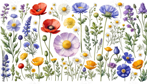 Obraz na płótnie set flower floral dandelions illustration bluebell poppies n butterfly violet chamomile blossom summer cornflowers watercolor clover lavender wildflowers buttercup watercolor illustration wildflower w salonie