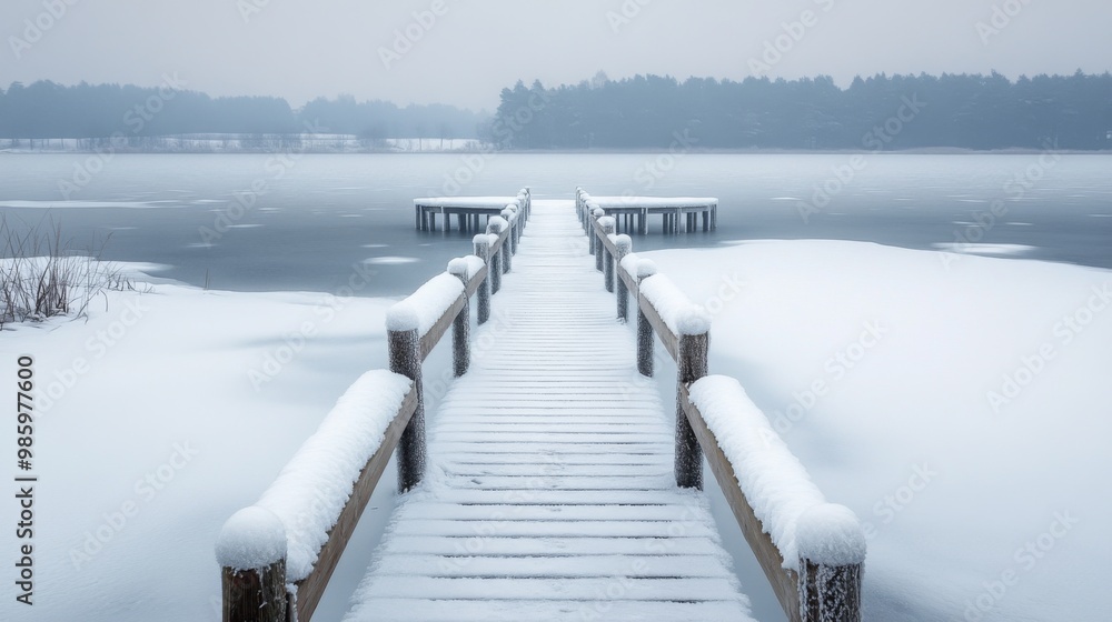 Naklejka premium A snow-covered wooden bridge leading towards a foggy forest across a frozen lake.