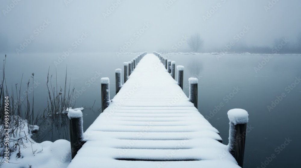 Fototapeta A Snow-Covered Wooden Pier Extending into a Misty Lake