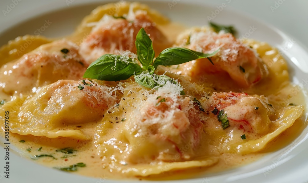 Ravioli with basil, parmesan cheese, and sauce. Ravioli with basil, parmesan cheese, and sauce.