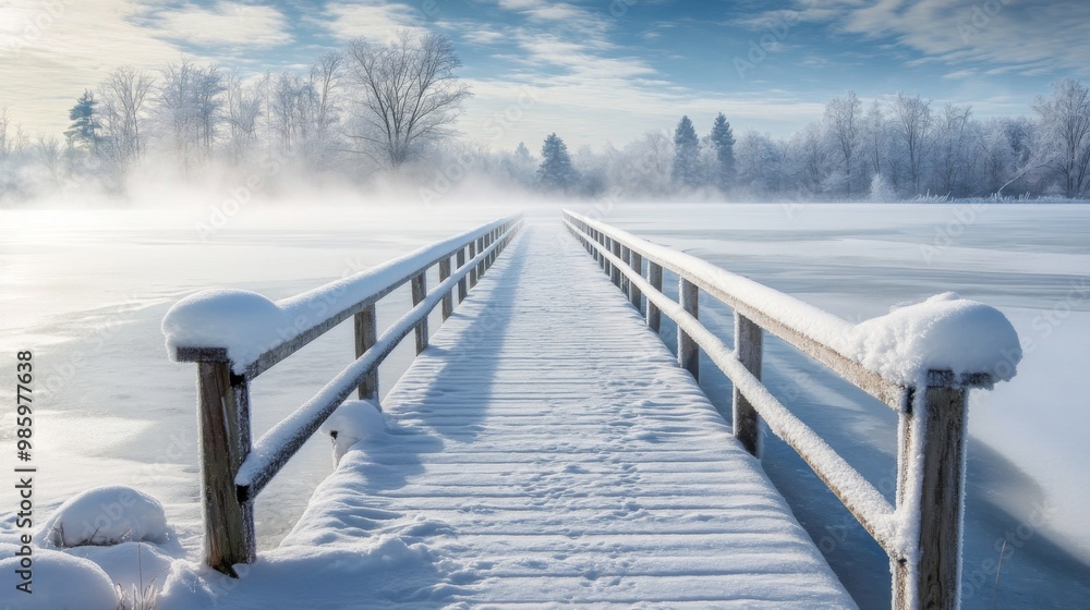 Naklejka premium Snowy Wooden Bridge Extending Over Foggy Frozen Lake